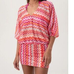 Trina Turk Women's Zen Zig Zag Crochet V-Neck Short Swim Cover-Up Dress L/XL